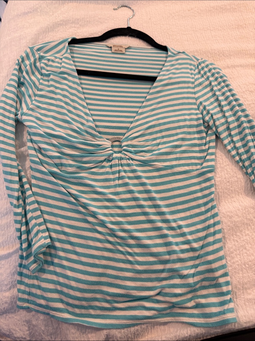 Michael Kors Teal and White Striped Long Sleeve V-Neck Top